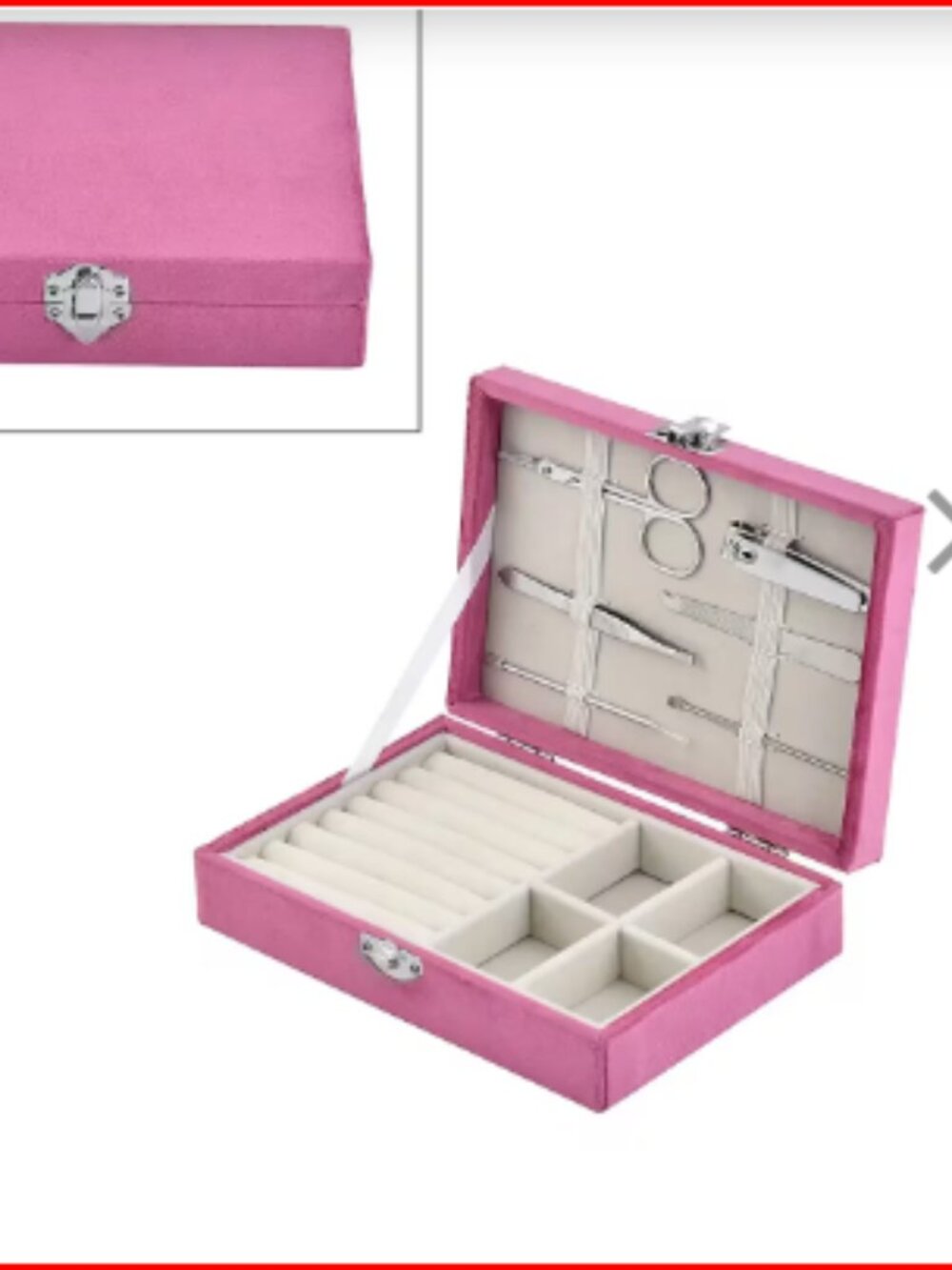 Pink Velvet Jewelry Box with 6pcs Manicure Set